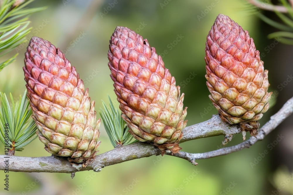 Poster close-up of pine cones on a branch with blurry background . three cones nestled on a branch surround