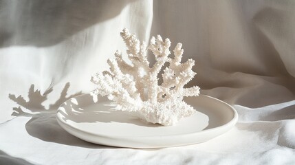 A delicate coral fragment displayed on a clean white ceramic plate with soft natural light picture