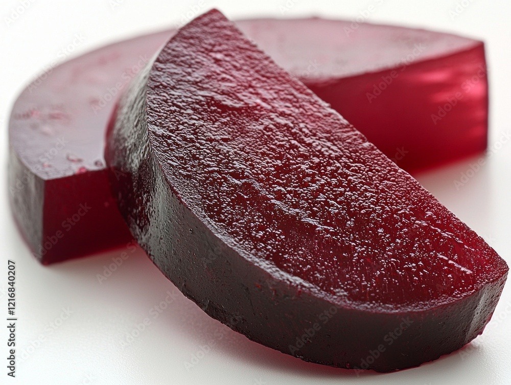 Poster macro capture features single slice of pickled beetroot highlighting its rich burgundy hue and gloss