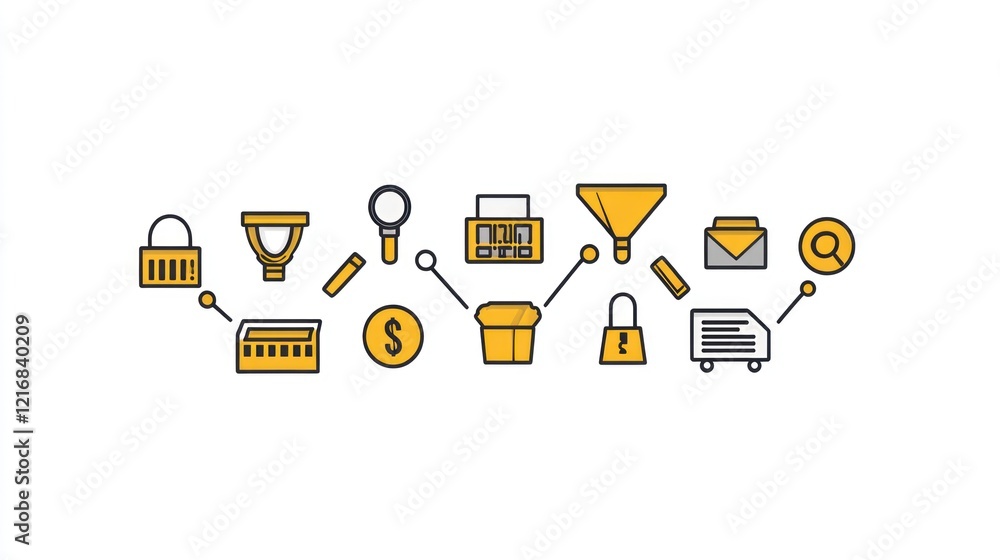 Poster e-commerce process workflow with icons.