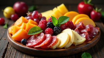 A delectable arrangement of assorted cheeses, cured meats, and fresh berries, artfully displayed on a rustic wooden platter, perfect for a sophisticated gathering.