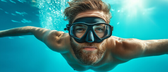 Naklejka premium An elderly woman snorkeling over a coral reef