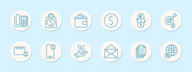 Finance set icon. Wallet, money bag, currency exchange, target, calendar, percentage, email, global finance. Represent money management, savings, and economic analysis