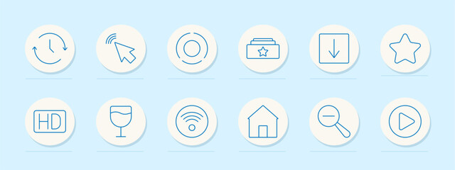 General actions set icon. Clock, arrow, pointer, star, folder, house, play button, search, high definition, wireless. Represent navigation, media, and technology tools