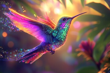 Magical hummingbird in mid-flight with vibrant colors and sparkling wing trails