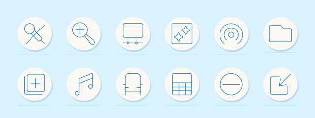 Magnify and tools set icon. Magnifying glass, cross, focus, folder, note, music, pie chart, file, radio waves. Represent searching, organizing, and editing tools