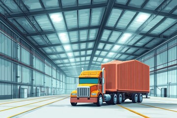 Naklejka premium Bright Orange Truck with Shipping Container in Modern Warehouse Setting Under Large Windows and Industrial Lighting