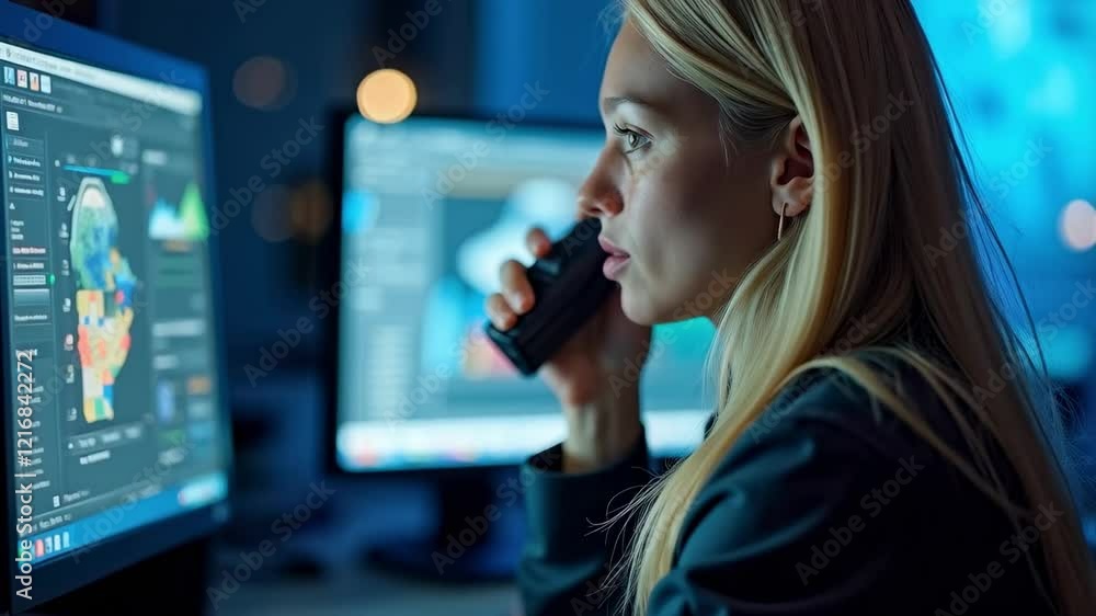 Poster focused businesswoman making a phone call in a dimly lit office with computer screen displaying grap