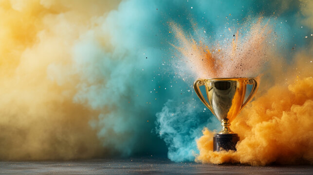 Colorful smoke explosion around a shining trophy during celebration event