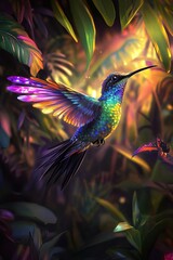 Obraz premium Magical hummingbird in mid-flight with vibrant colors and sparkling wing trails