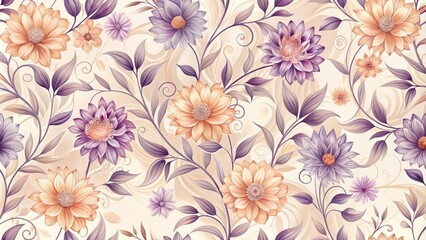 Elegant floral seamless pattern with swirling abstract blooms in shades of lavender and peach