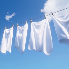 White sheets drying outdoors, sunny sky, clouds. Lifestyle imagery