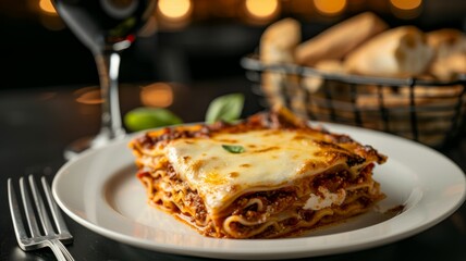 Lasagna: A hearty slice of traditional Italian lasagna with layers of pasta, meat sauce, ricotta cheese, and melted mozzarella.