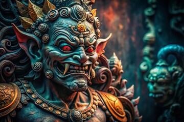 Ancient Stone Demon Statue, Left Composition, Copy Space - Mystical Fantasy Sculpture