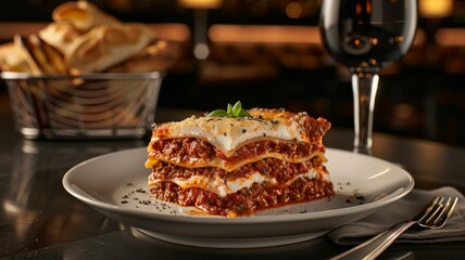 Lasagna: A hearty slice of traditional Italian lasagna with layers of pasta, meat sauce, ricotta cheese, and melted mozzarella.