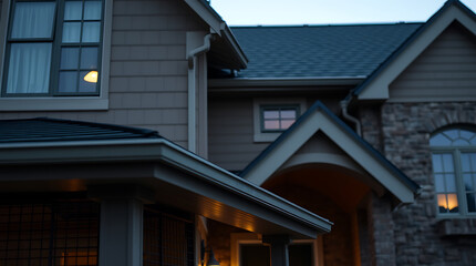 Fototapeta premium Captivating Twilight View of a Luxurious Suburban House. The architectural details and warm lighting create a sense of tranquility and comfort.