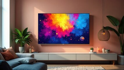 Vibrant cosmic nebula displayed on a modern flat-screen television in a contemporary living room setting