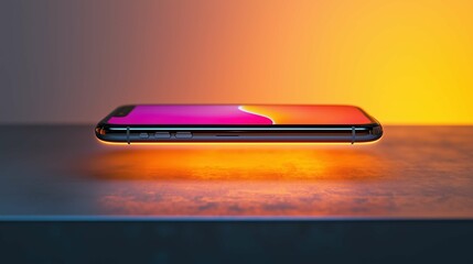 Phone with a vibrant screen, levitating over a smooth surface with soft, bright lighting and simple background