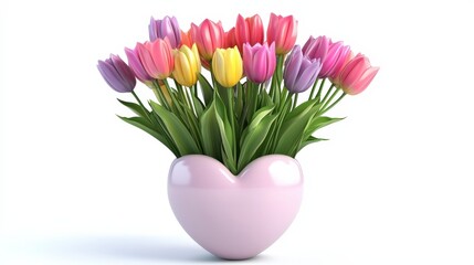 Fototapeta premium Heart-Shaped Vase Filled with Colorful Tulips on White Background