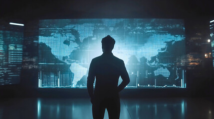 Silhouette of Businessman Analyzing Global Data on Futuristic World Map in Modern Urban Office at Night