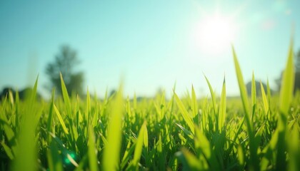 Fototapeta premium Vibrant Green Grass Blades: Sunlit Meadow, Lush Pastoral Scene
