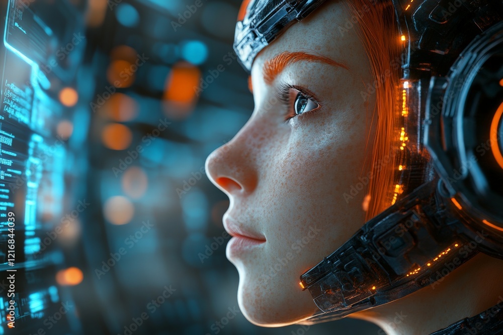 Aufkleber futuristic female character engaged with holographic interface in high-tech environment
