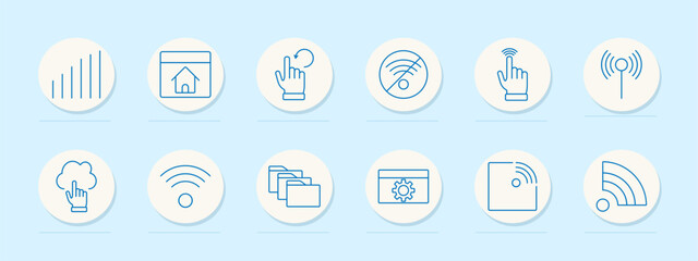 Wireless network set icon. Signal strength, home page, refresh, no connection, touch, antenna, cloud access, folders, settings, wireless signal, connectivity