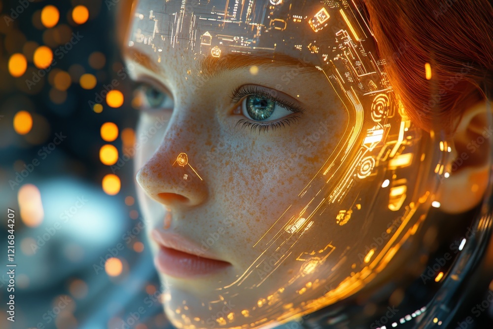 Fototapete Close-up of a futuristic face with glowing technology patterns during a digital exploration in a sci-fi setting
