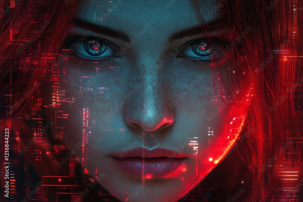 Aufkleber close-up portrait of a woman with striking features surrounded by digital patterns and neon lights a