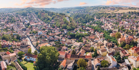 A panoramic aerial view of Sremski Karlovci highlights the stunning summer landscape, with its...