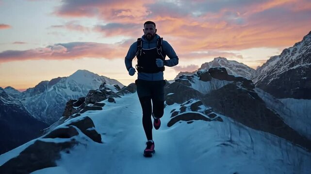 A runner traverses a snowy landscape at sunset, showcasing determination and adventure.