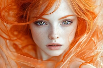 Fototapeta premium Portrait of a young woman with vibrant orange hair and striking green eyes, draped in soft fabric