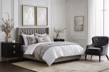 Fototapeta premium Elegant Grey Bedroom Interior Design With Gold Accents
