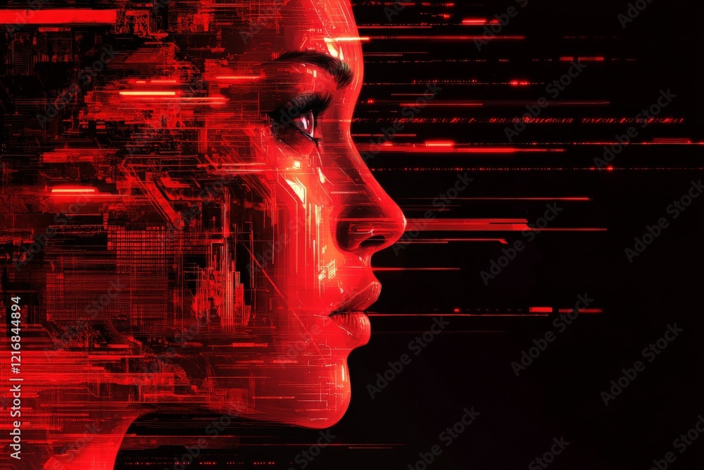 Aufkleber digital portrait of a woman with futuristic elements in red hues and high-tech backgrounds emphasizi