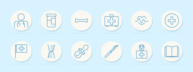 Healthcare system set icon. Doctor, medicine, bone, emergency kit, heart rate, medical cross, flag, DNA, pacifier, scalpel, awareness, book