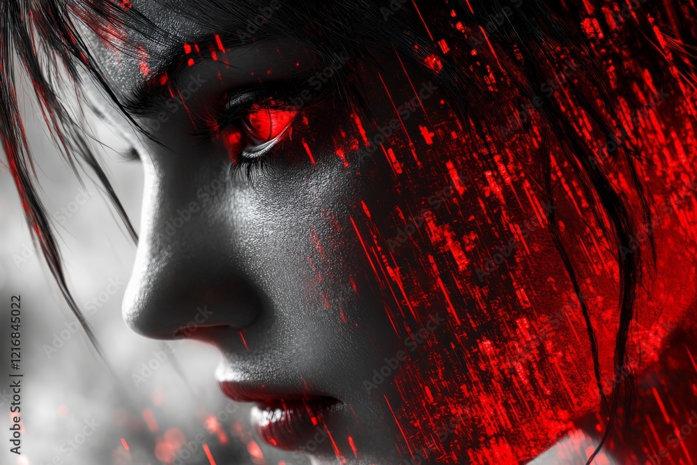 Poster close-up of a woman with glowing red eyes in a stylized digital art representation with a dark backg