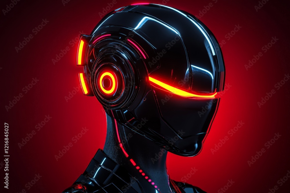 Poster futuristic humanoid robot with glowing red accents in a dark environment