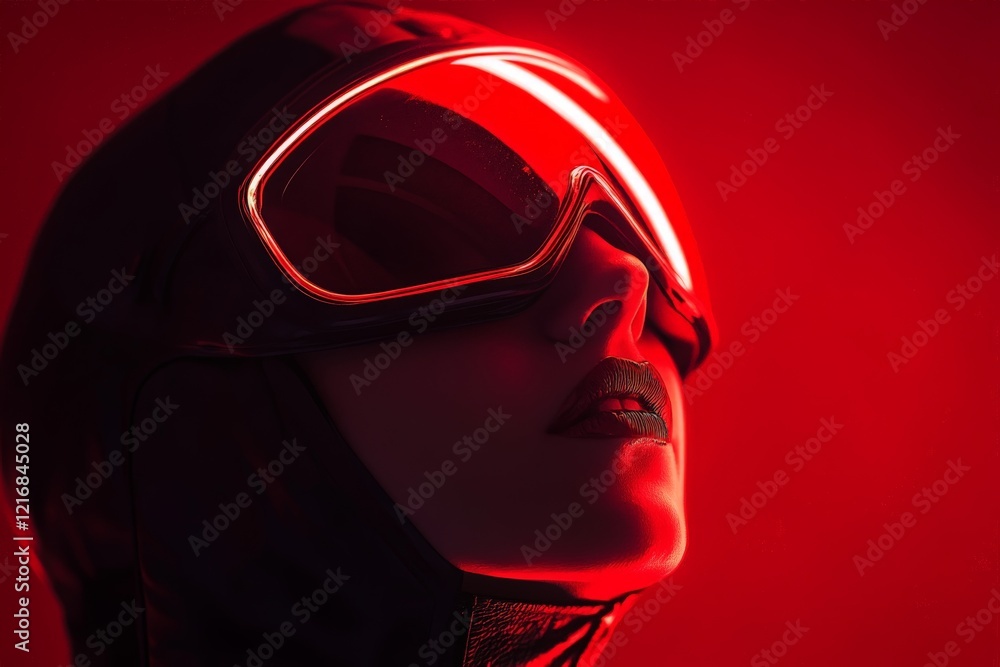 Poster model with futuristic goggles posing against a striking red backdrop in a studio setting