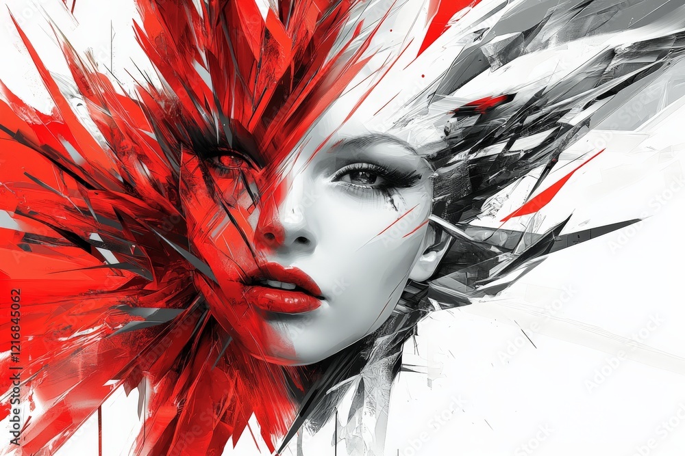 Aufkleber Abstract artwork featuring a woman's face with striking red and black colors in a dynamic composition