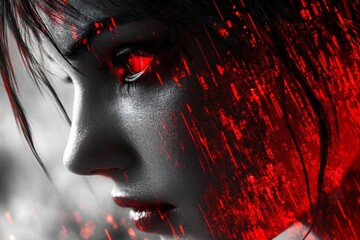 Naklejka premium Close-up of a woman with glowing red eyes in a stylized digital art representation with a dark background