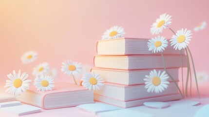 Pink books and daisies on pink background; education concept