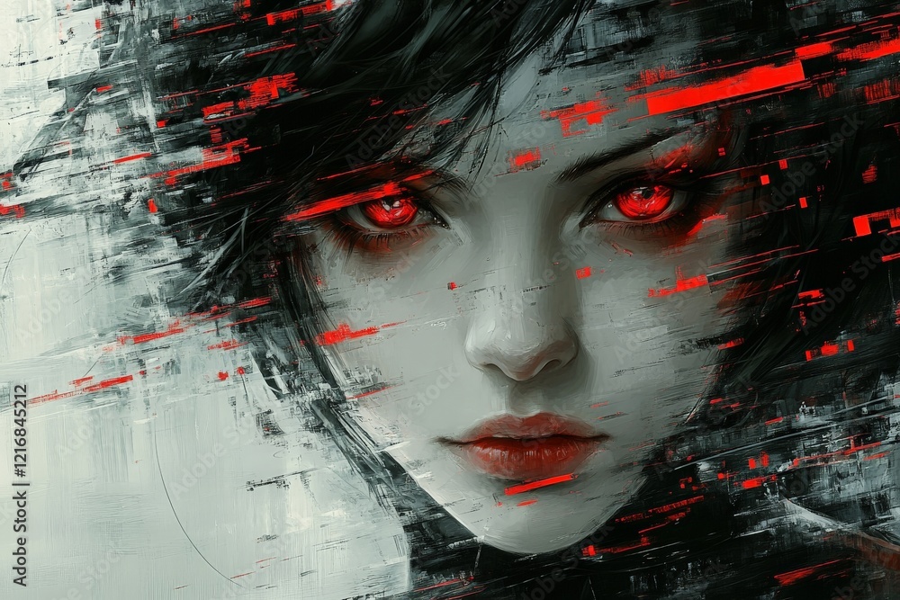 Leinwandbilder vivid portrayal of a woman with striking red eyes in a dynamic abstract background featuring bold co
