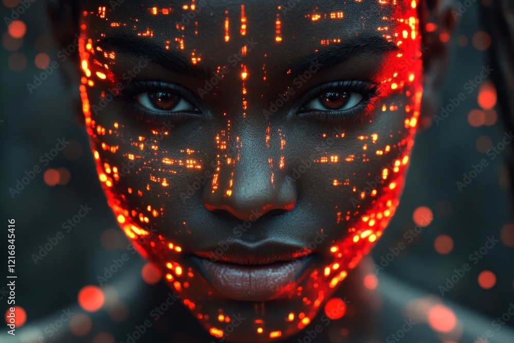 Poster captivating portrait of a woman with glowing patterns illuminated on her face at night
