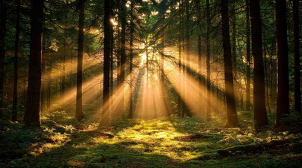 Fototapeta premium Light beams filtering through tall trees in a serene forest landscape