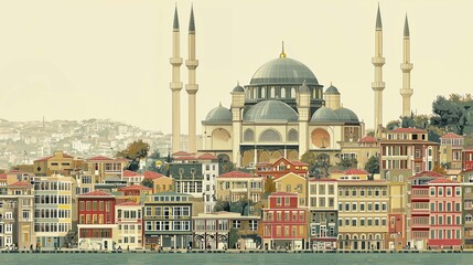 Obraz premium Istanbul City illustration with playful accents, outlined in vintage style