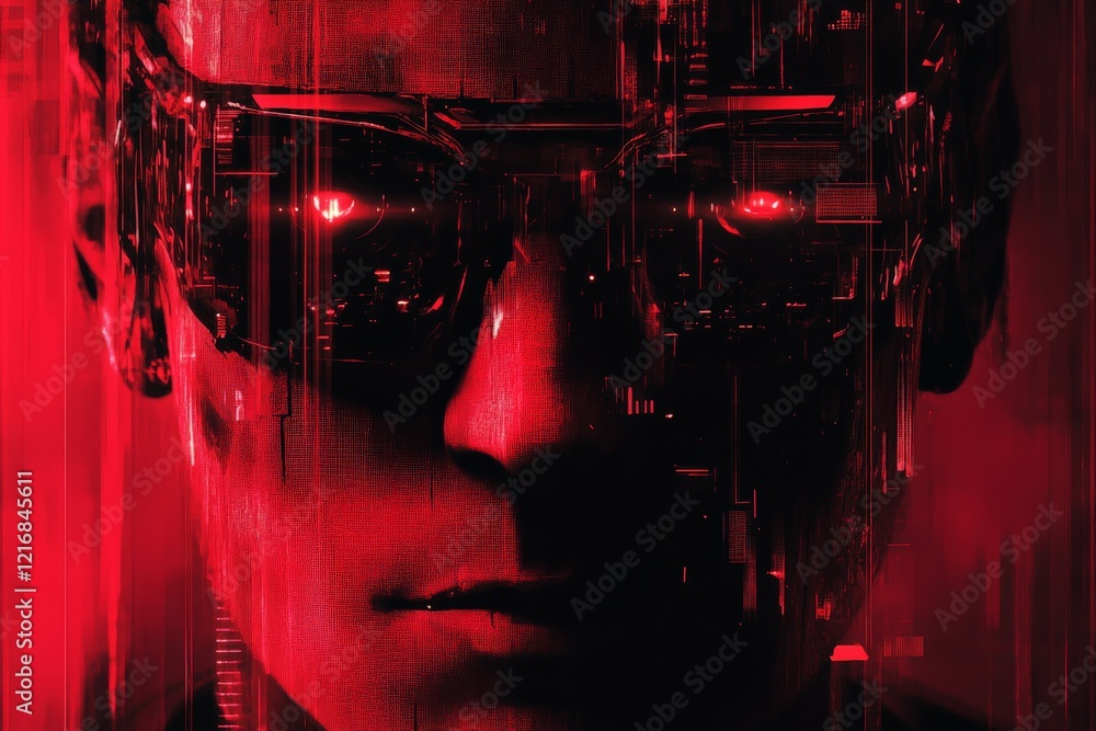 Fototapete futuristic character with glowing red eyes and digital background in a cyberpunk setting