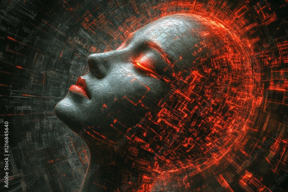 Poster digital art depicting a serene face with glowing abstract elements surrounding it in a futuristic se