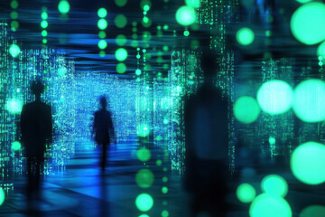 An image suggesting connections through global data exchange, futuristic, blue and green hues, digital art