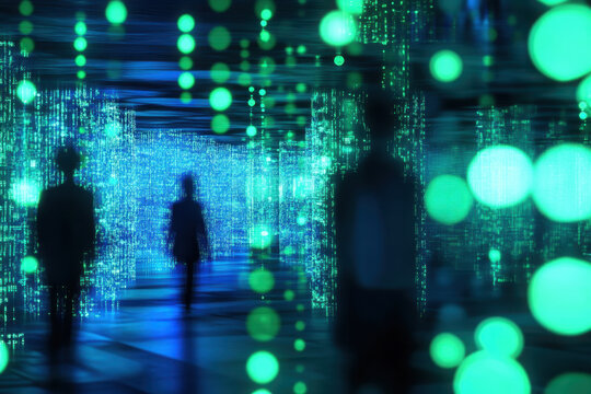 An image suggesting connections through global data exchange, futuristic, blue and green hues, digital art