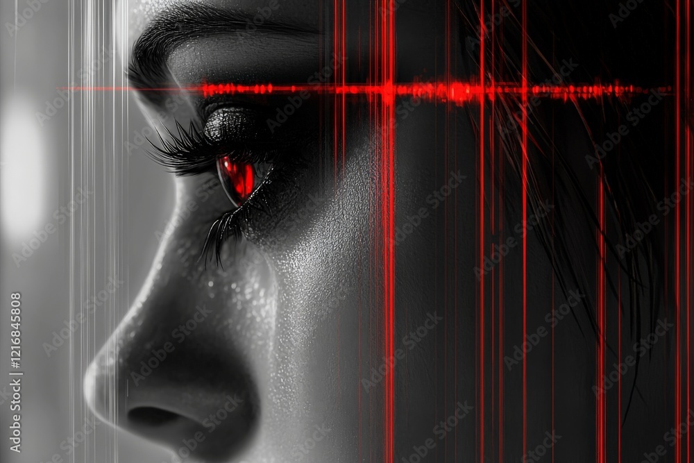Poster red-eyed figure with emotional expression and abstract visual elements in dark contrast